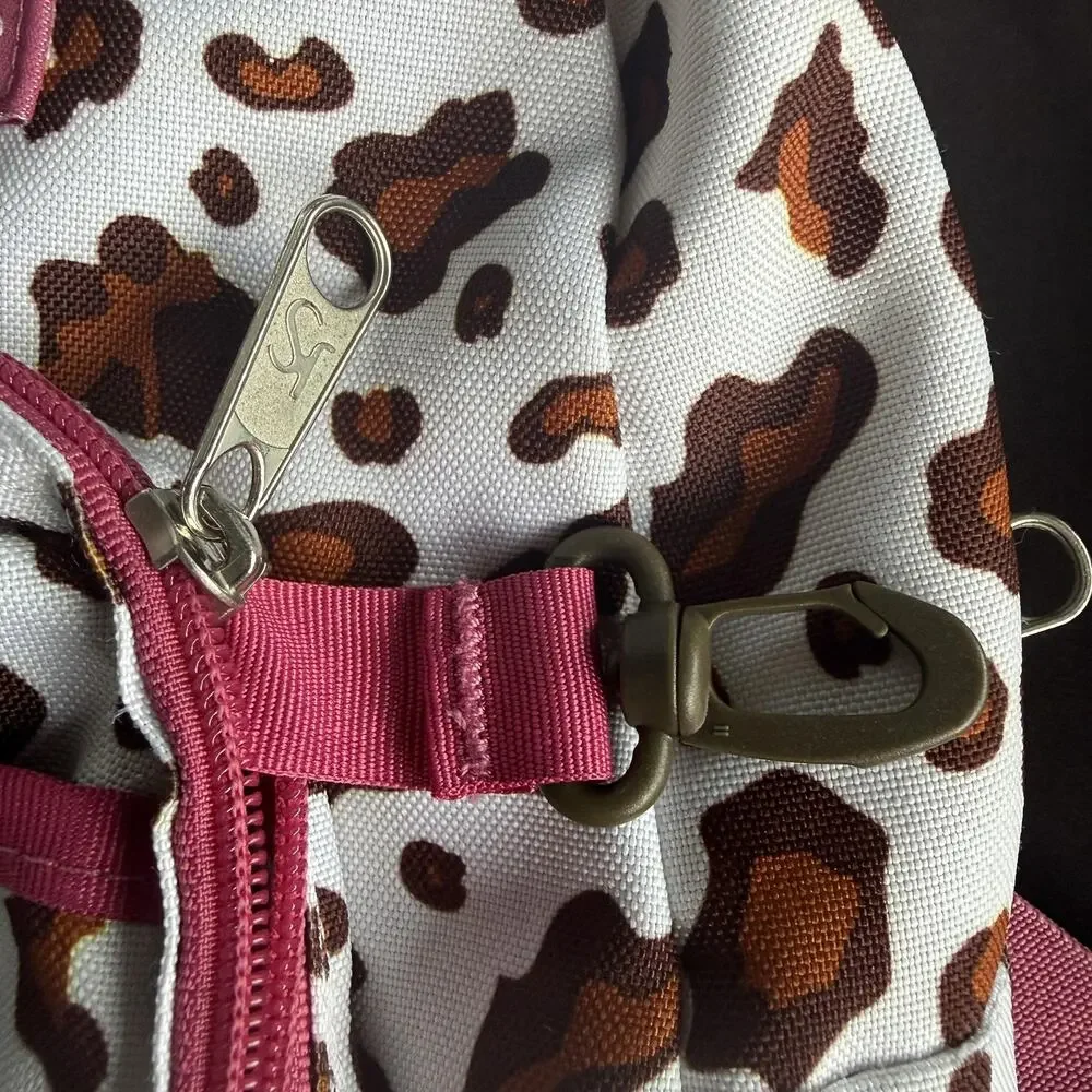 JanSport‎ Mini Backpack Leopard Animal Print White Brown Pink Trim Zip Pocket